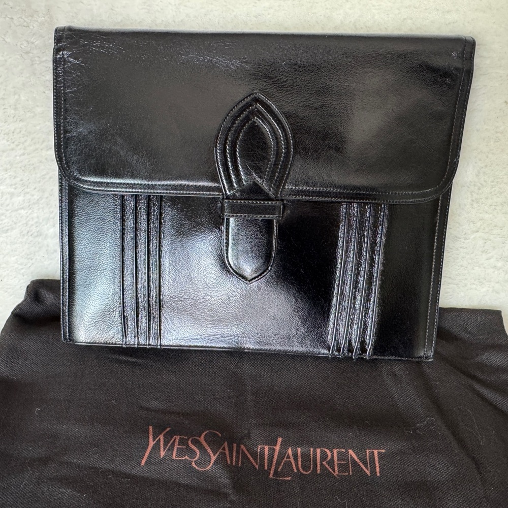 Yves Saint Laurent Vintage Glossy Black Leather Clutch Bag